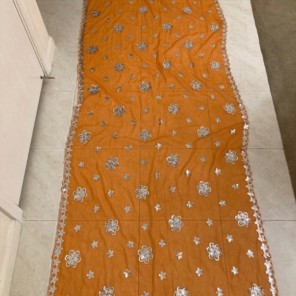 Orange Sheer Scarf With Sequins Embroidered Long - Picture 1 of 5